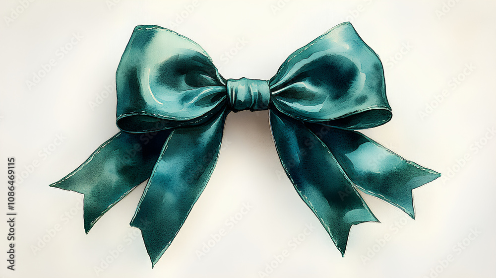A whimsical watercolor depiction of a rich green velvet bow with soft, flowing tails, on a bright white backdrop A whimsical watercolor depiction of a rich green velvet bow with soft, flowing tails, on a bright white backdrop