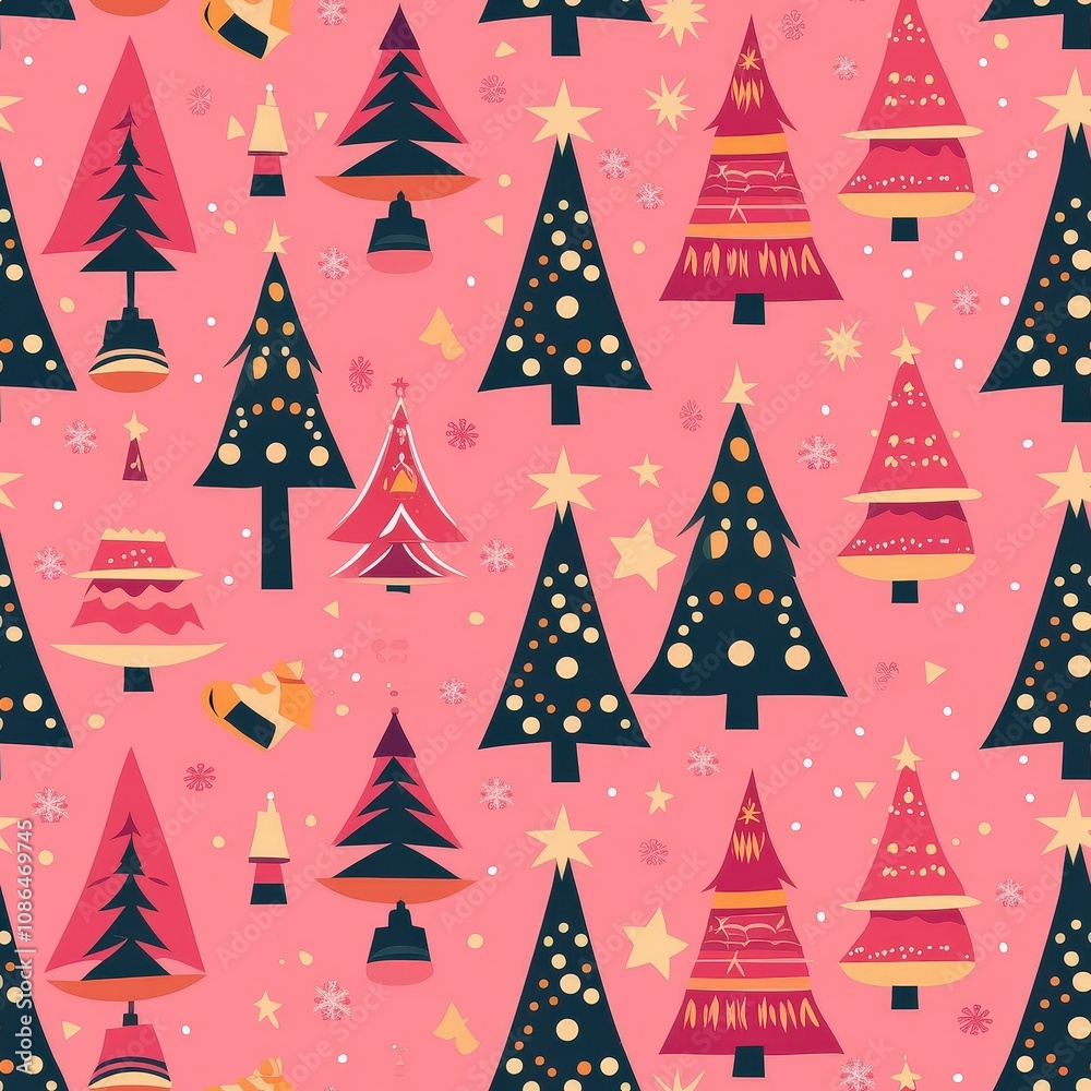 Colorful Christmas Tree Pattern on Pink Background Colorful Christmas Tree Pattern on Pink Background
