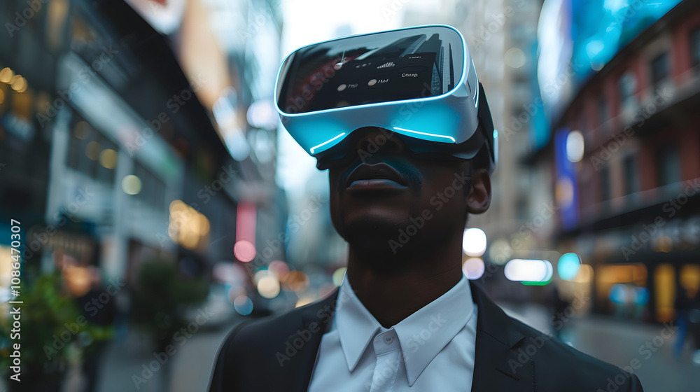 businessman standing confused in smart city street, lost in technology and virtual reality