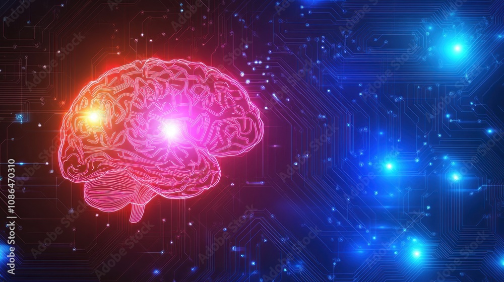 Obraz premium neon brain illustration with glowing neural circuits on tech circuit board background symbolizing artificial intelligence innovation machine learning futuristic