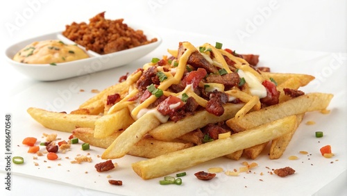 Crispy cajun french fries scattered on a white background with various toppings such as cheese bacon or chili, , topping bar, customizable snack, gourmet twist, crunchy fries photo