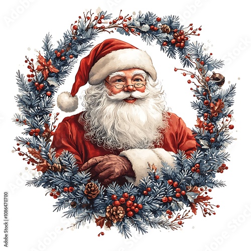 An illustration clip art of a Santa Claus with a Christmas tree, Christmas gifts, clipart style