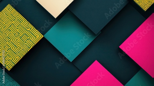 Dark teal and neon pink blocks with bright yellow patterns, cream and dark slate grey accents, asymmetric color block layout