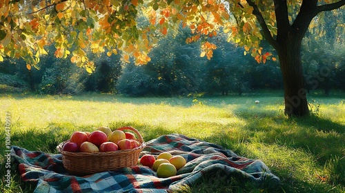 A serene picnic scene with a basket of apples on a blanket under a tree. photo