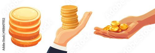 Gold coins in hand vector illustration collection, treasure cartoon clipart