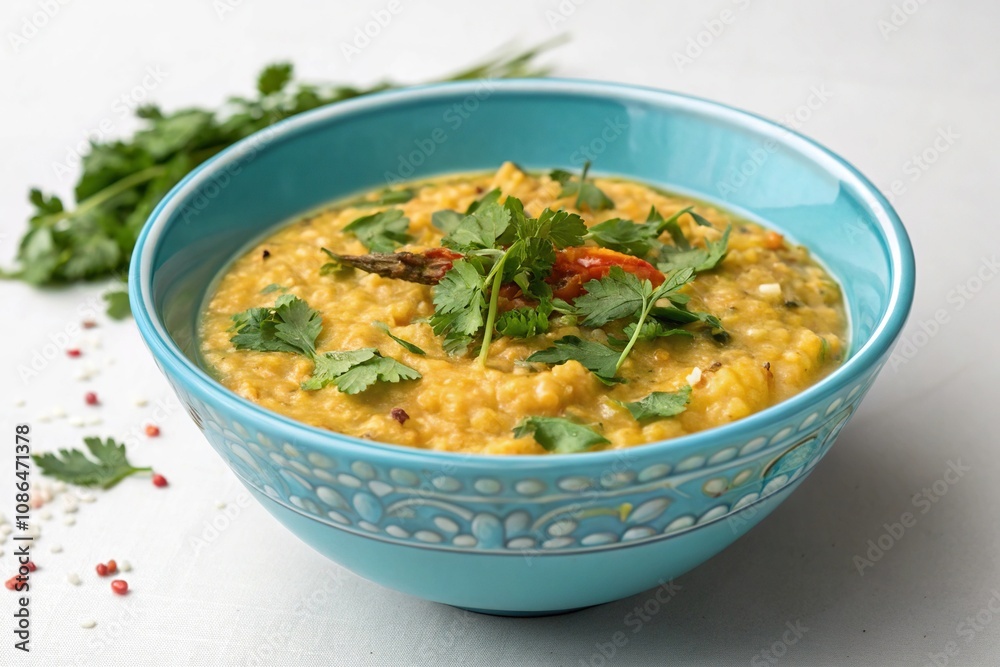 Khichdi served in a delicate blue bowl with fresh herbs, delicate blue bowl, peaceful meal, handcrafted dish, steaming hot khichdi Khichdi served in a delicate blue bowl with fresh herbs, delicate blue bowl, peaceful meal, handcrafted dish, steaming hot khichdi