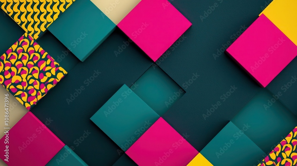 Dark teal and neon pink blocks with bright yellow patterns, cream and dark slate grey accents, asymmetric color block layout Dark teal and neon pink blocks with bright yellow patterns, cream and dark slate grey accents, asymmetric color block layout