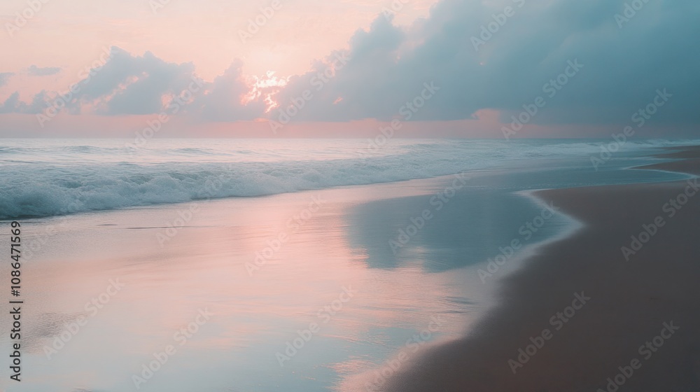 Fototapeta premium Empty beach at dawn with smooth sand and soft pastel skies reflecting on the ocean