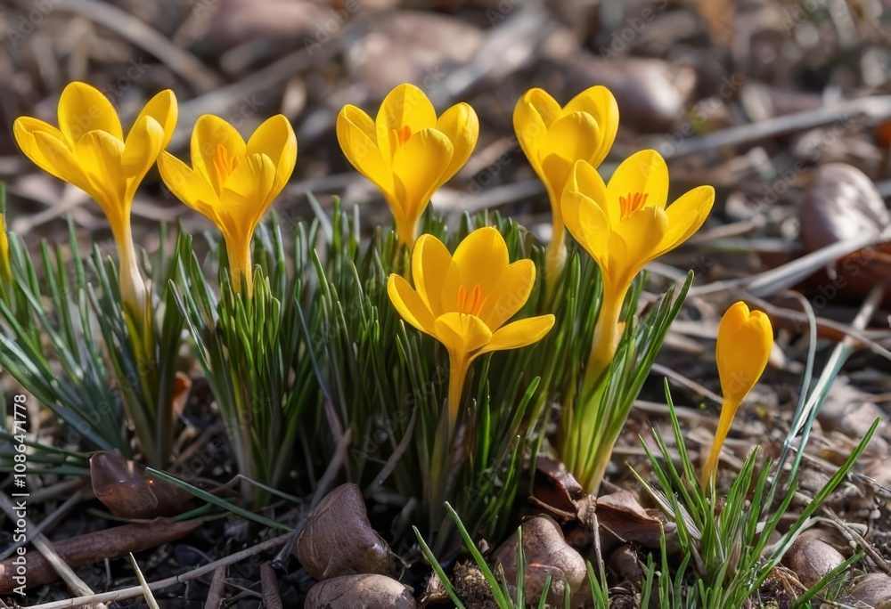 A close-up of yellow crocuses blooming in a garden A close-up of yellow crocuses blooming in a garden