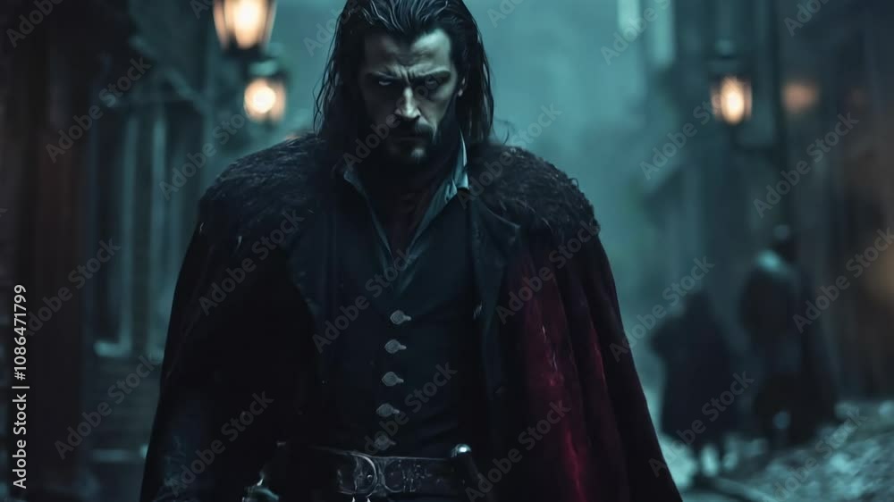 In a foggy night setting, a mysterious figure clad in a dark cloak strides through the eerie emptiness of cobblestone streets, casting an ominous presence against flickering lanterns. In a foggy night setting, a mysterious figure clad in a dark cloak strides through the eerie emptiness of cobblestone streets, casting an ominous presence against flickering lanterns.