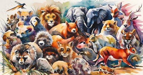 animal in watercolor painting colorfull