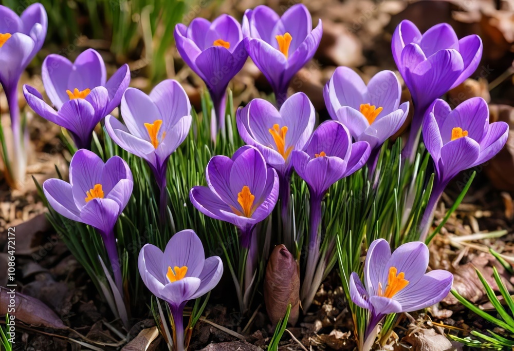 Close-up of purple crocus flowers blooming in a garden Close-up of purple crocus flowers blooming in a garden