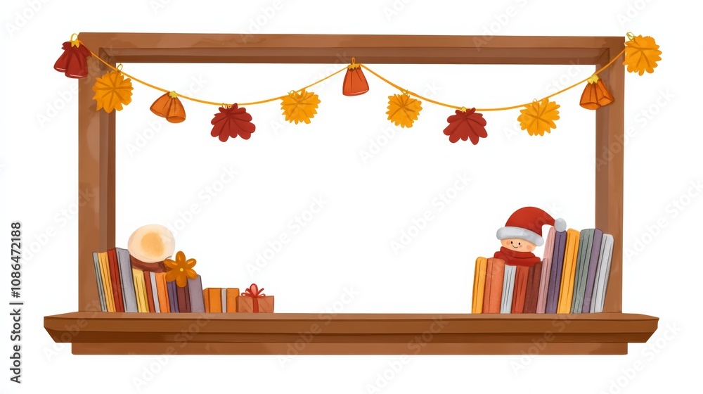 Obraz premium Bookstore window with Christmas garlands, blank space for promotional text