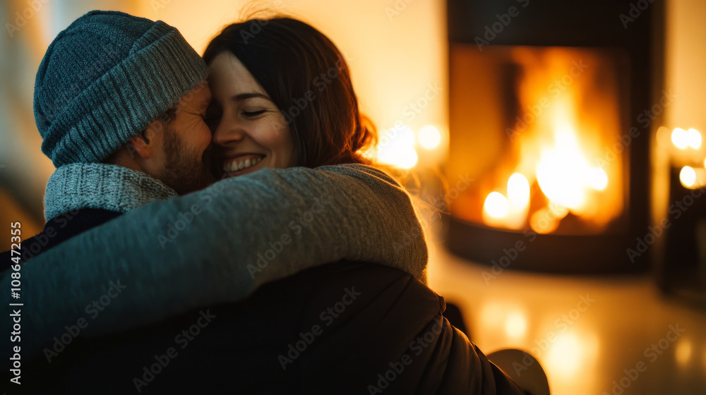 couple sharing warm embrace by cozy fireplace, radiating love and warmth. soft glow of candles enhances intimate atmosphere, creating perfect moment of connection couple sharing warm embrace by cozy fireplace, radiating love and warmth. soft glow of candles enhances intimate atmosphere, creating perfect moment of connection