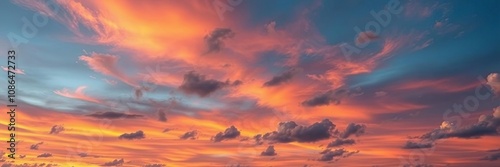 Vibrant colors gradating from dark to light across the sky with fluffy white clouds texture, earthy, orange photo