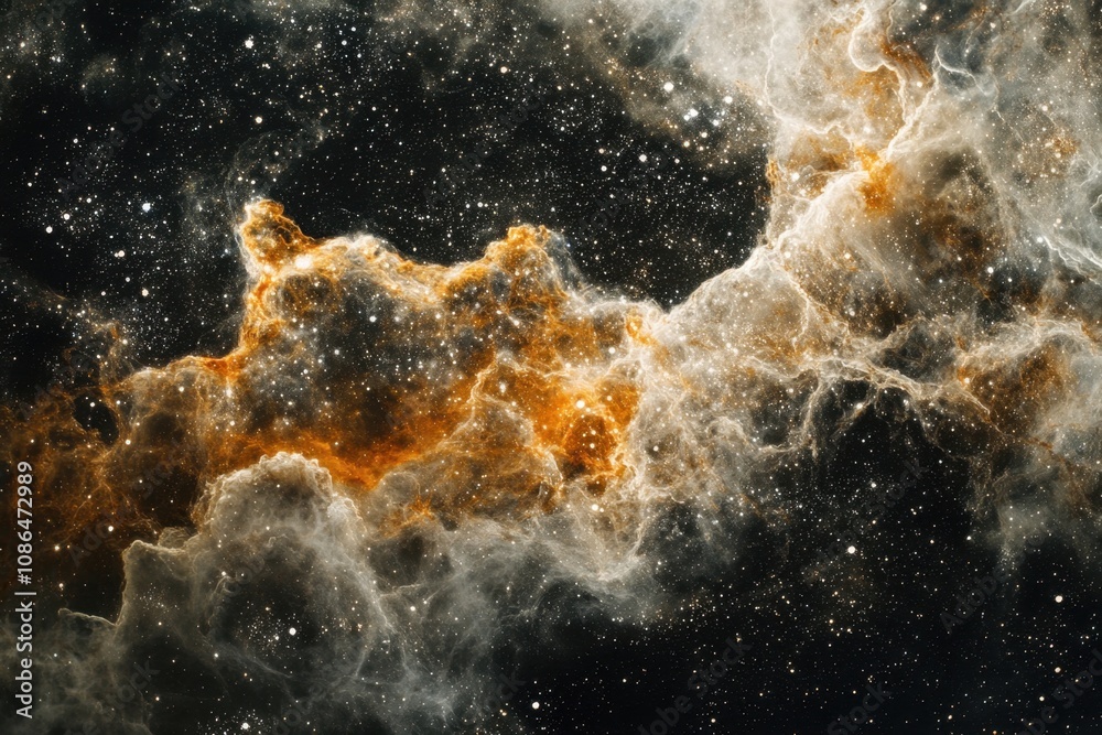 A nebula with orange and white gas clouds in a field of stars. A nebula with orange and white gas clouds in a field of stars.