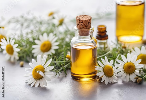 Close-up of bottles of essential oils on a light table