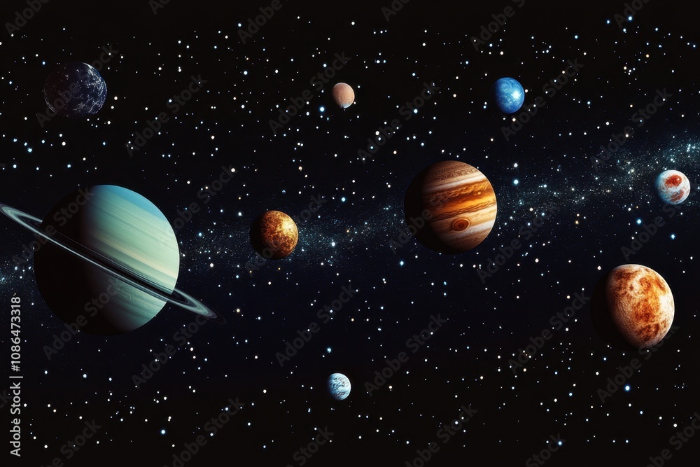 A panoramic view of the solar system with planets and stars. A panoramic view of the solar system with planets and stars.