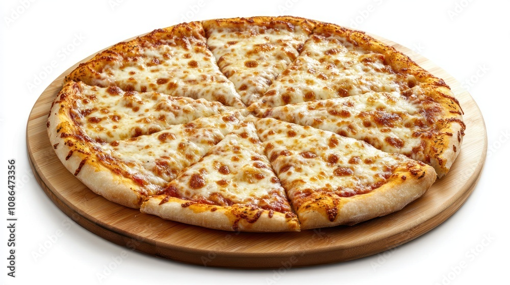 A freshly baked cheese pizza on a wooden board, cut into eight slices. A freshly baked cheese pizza on a wooden board, cut into eight slices.