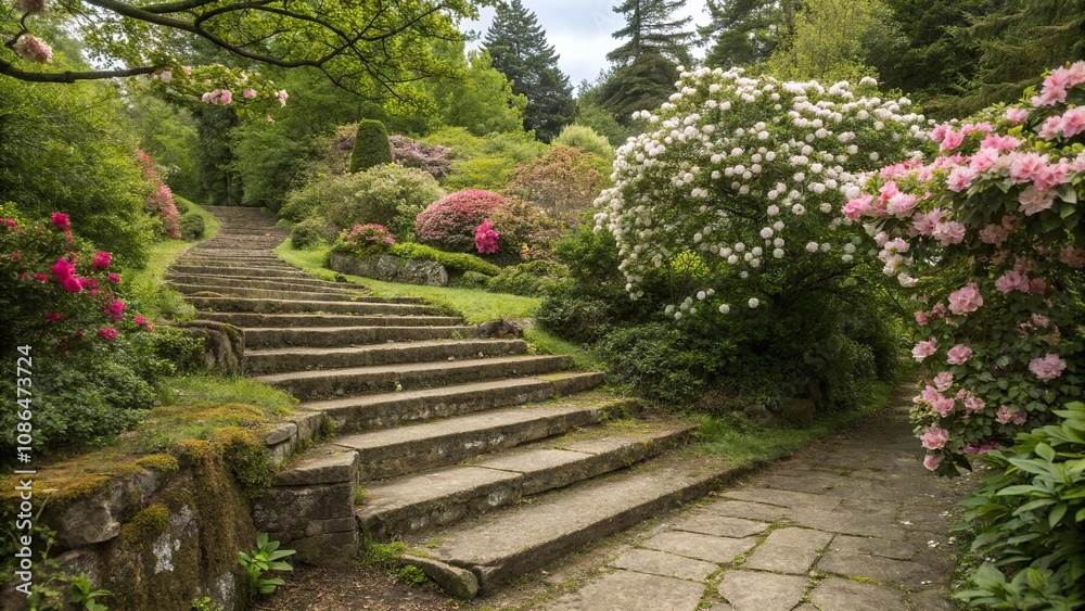 Old stone steps leading to a tranquil garden filled with blooming flowers and lush greenery, greenery, blooming flowers Old stone steps leading to a tranquil garden filled with blooming flowers and lush greenery, greenery, blooming flowers