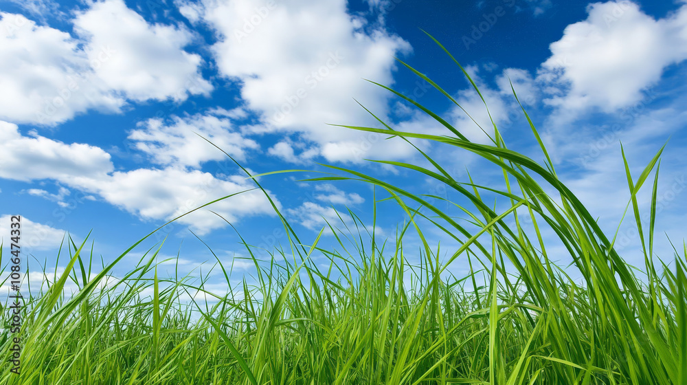 gentle breeze blowing through field of green grass under bright blue sky with fluffy clouds creates serene and peaceful atmosphere gentle breeze blowing through field of green grass under bright blue sky with fluffy clouds creates serene and peaceful atmosphere