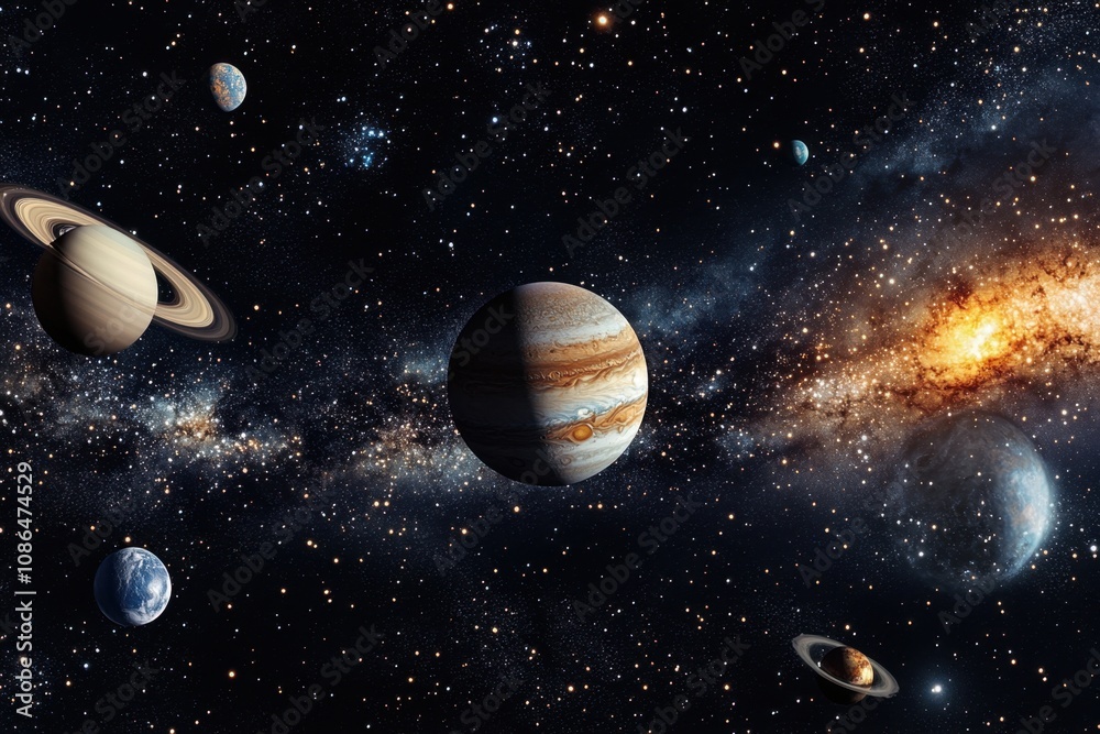 A scenic view of our solar system with planets, stars, and the Milky Way galaxy in the background. A scenic view of our solar system with planets, stars, and the Milky Way galaxy in the background.