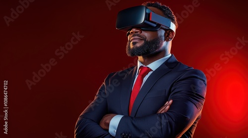 Professional male wearing virtual reality headset in a suit, experiencing immersive technology in a dramatic, red-lit environment showcasing innovation and engagement.