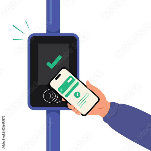hand holding a phone near terminal from payment of transport ticket. Technology of Wireless, contactless or cashless payments, RFID NFC. Public transport ticket.
