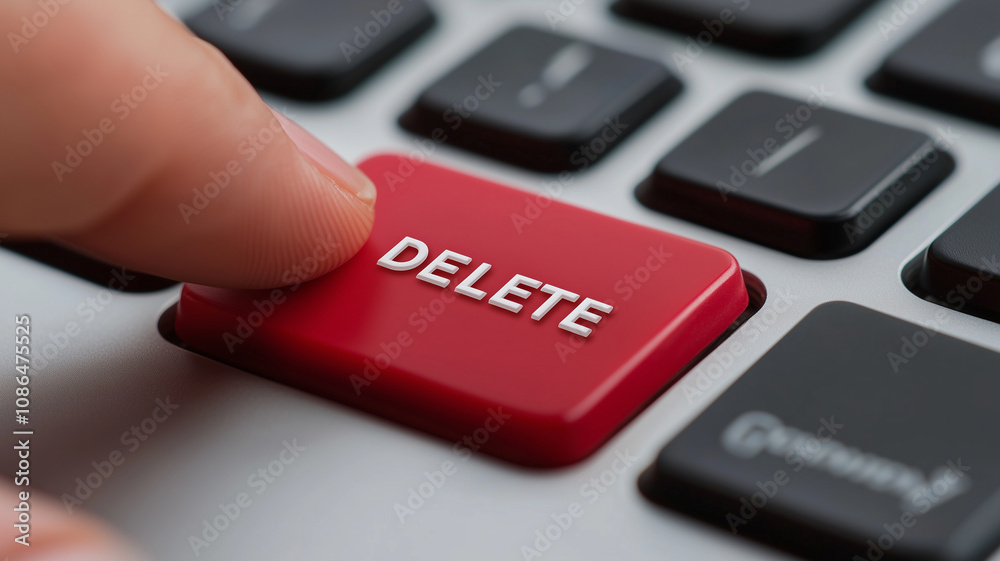 finger pressing red DELETE button on keyboard, symbolizing action of removing data or files. This conveys urgency and decisiveness in digital interactions finger pressing red DELETE button on keyboard, symbolizing action of removing data or files. This conveys urgency and decisiveness in digital interactions