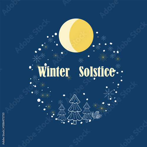 Winter Solstice Day. Flat illustration of the winter solstice with the moon, sun, and stars on a dark blue background.