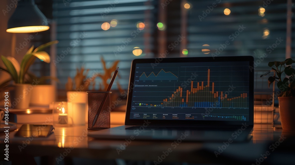 Laptop displays stock market data on a table in a relaxed atmosphere in the afternoon Laptop displays stock market data on a table in a relaxed atmosphere in the afternoon