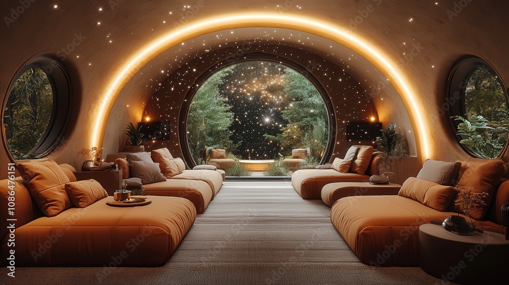 Cozy, modern lounge with large circular window showcasing nature and ambient lighting.