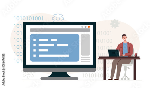 Programmer write code. Man with laptop develops program or application. Employee at workplace. IT specialist create website template. Flat vector illustration isolated on white background