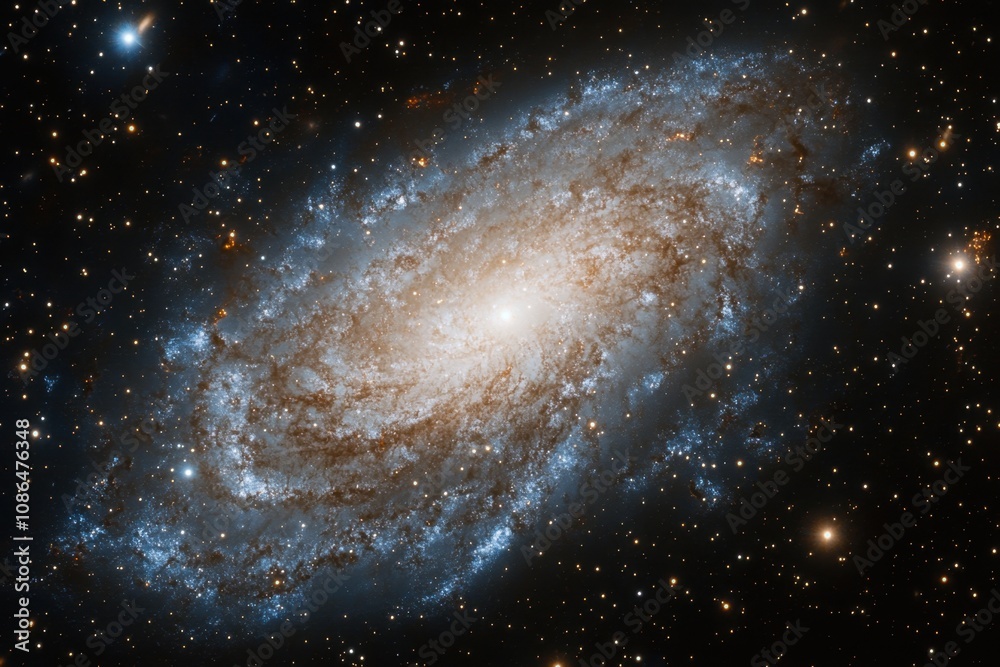 Obraz premium A spiral galaxy with a bright core and swirling arms, seen against a backdrop of stars.