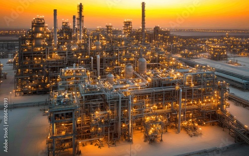 Large oil refinery complex illuminated at sunset, industrial infrastructure and energy production concept