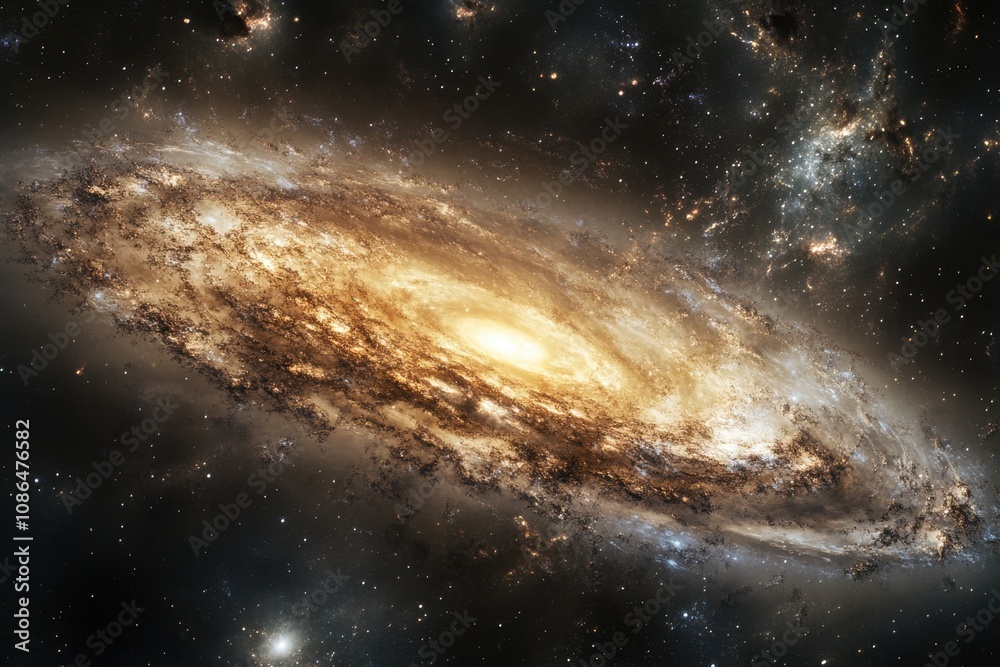 Obraz premium A spiral galaxy with a bright core and swirling arms, surrounded by stars and nebulae.