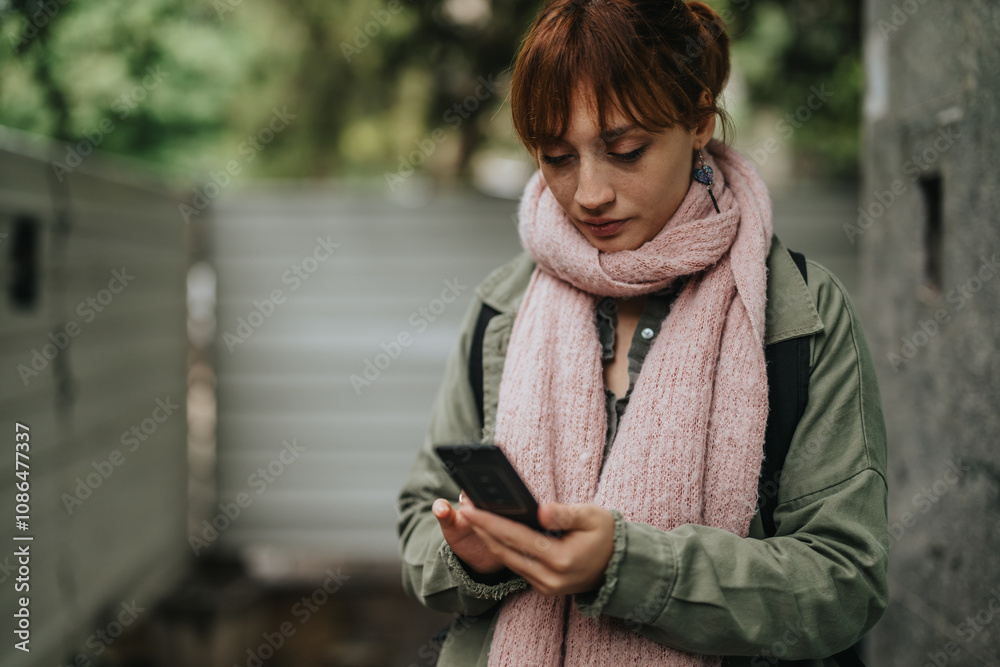Fototapeta premium A young woman with a pink scarf stands outdoors, focused on her smart phone, creating an atmosphere of connectivity and introspection.
