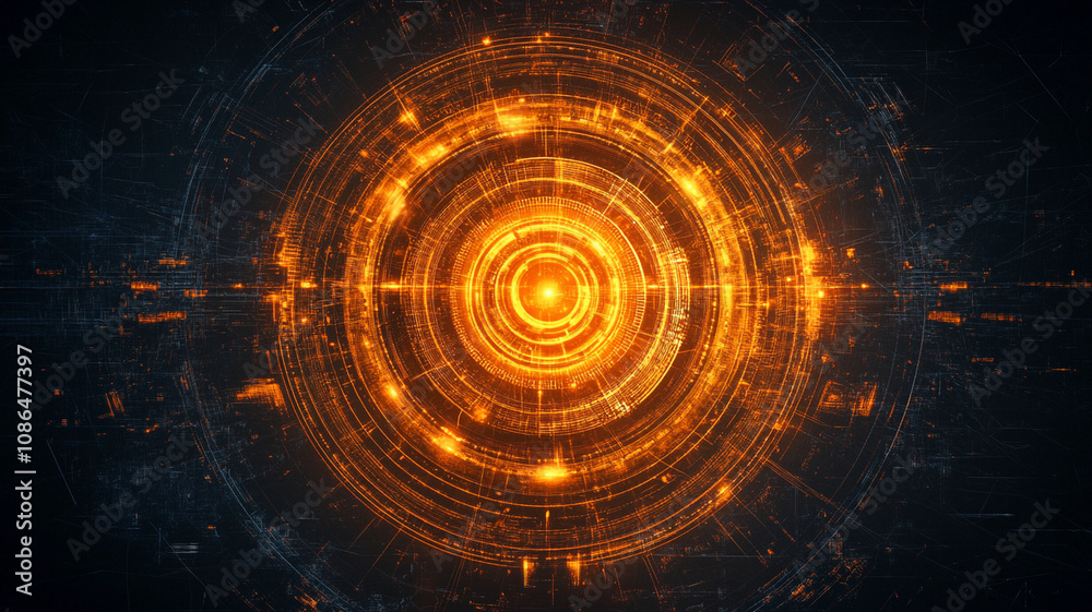 Fototapeta premium abstract background with glowing orange circular patterns and digital elements