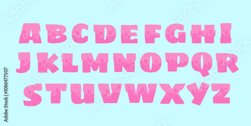 Pink text alphabet. Calligraphy and typography. English school and graffiti. Funky gum and blob at letters. Fun and comic. Flat vector collection isolated on blue background