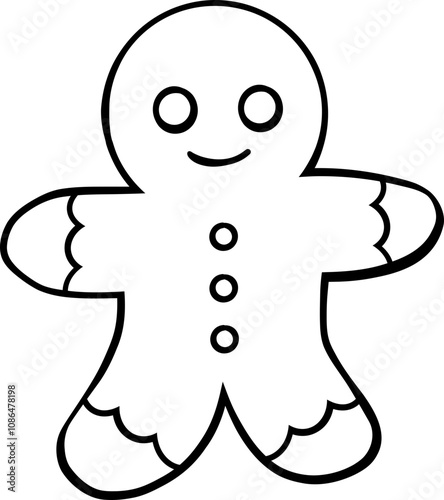 Gingerbread man cookie for Christmas decoration hand drawn black outline on white fill coloring book illustration