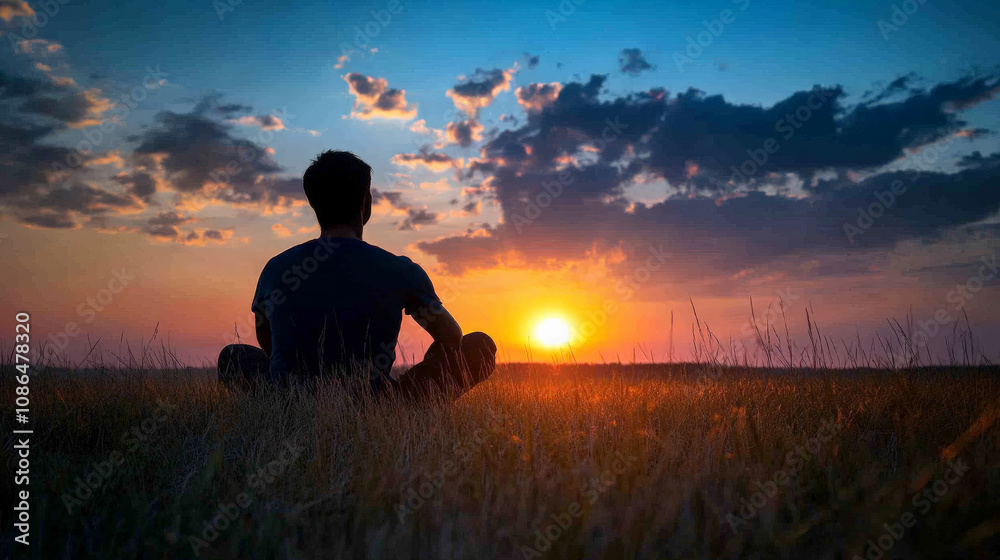 Person watching beautiful sunrise, feeling hopeful and inspired in serene landscape. vibrant colors of sky create peaceful atmosphere Person watching beautiful sunrise, feeling hopeful and inspired in serene landscape. vibrant colors of sky create peaceful atmosphere
