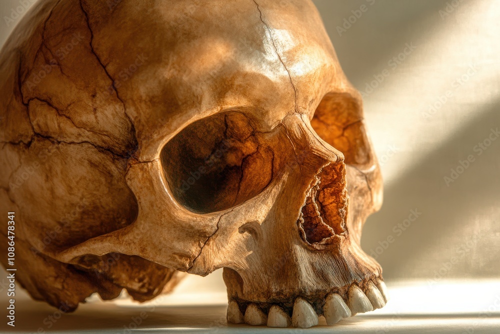 Realistic Human Skull Close-Up on Soft Background Capturing Fine Details of Bone Structure, Texture, and Intricate Features in Natural Lighting Realistic Human Skull Close-Up on Soft Background Capturing Fine Details of Bone Structure, Texture, and Intricate Features in Natural Lighting