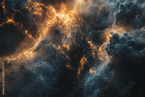 A stunning nebula with swirling orange and blue clouds.