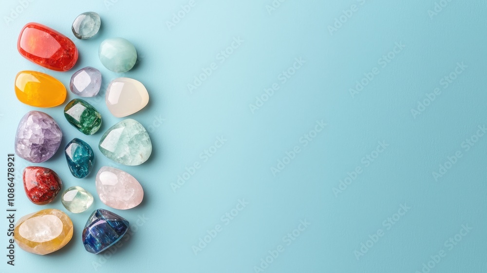 Colorful polished stones arranged on a light blue background, showcasing various shapes and hues, ideal for decorative or artistic purposes Colorful polished stones arranged on a light blue background, showcasing various shapes and hues, ideal for decorative or artistic purposes