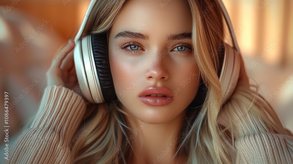 A stylish young woman with long, straight blonde hair wearing large over-ear headphones. The lighting is soft, with a warm gradient background. A stylish young woman with long, straight blonde hair wearing large over-ear headphones. The lighting is soft, with a warm gradient background.