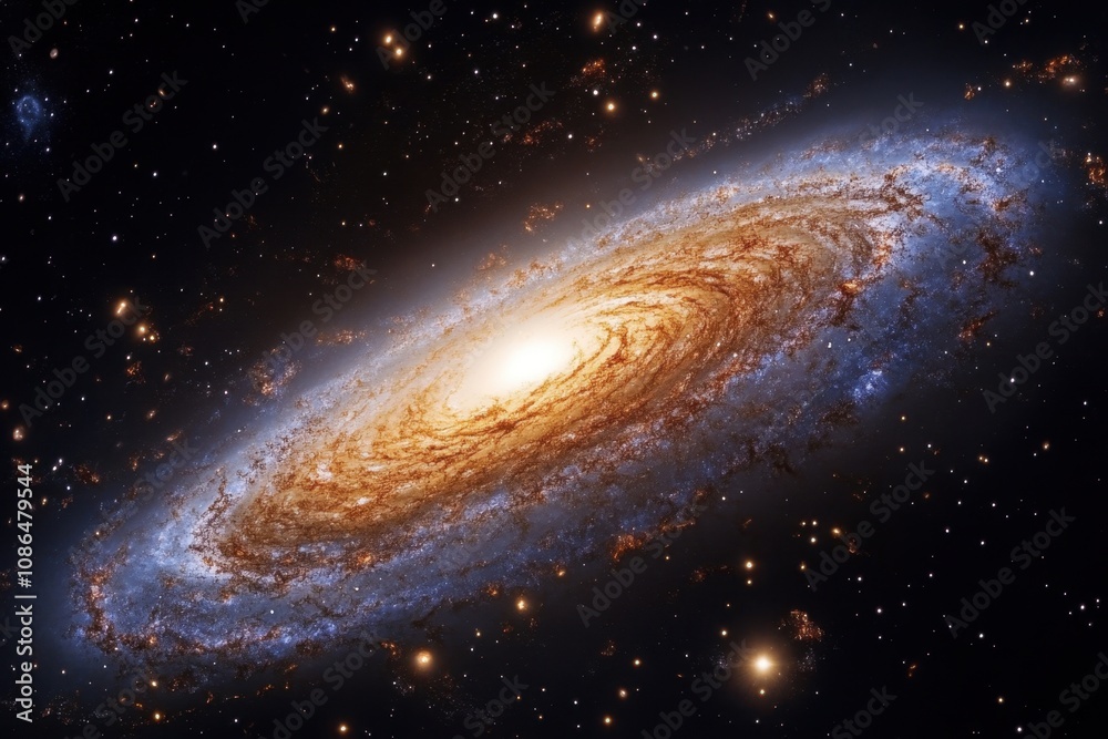 Fototapeta premium A stunning view of a spiral galaxy with bright stars and dust clouds.