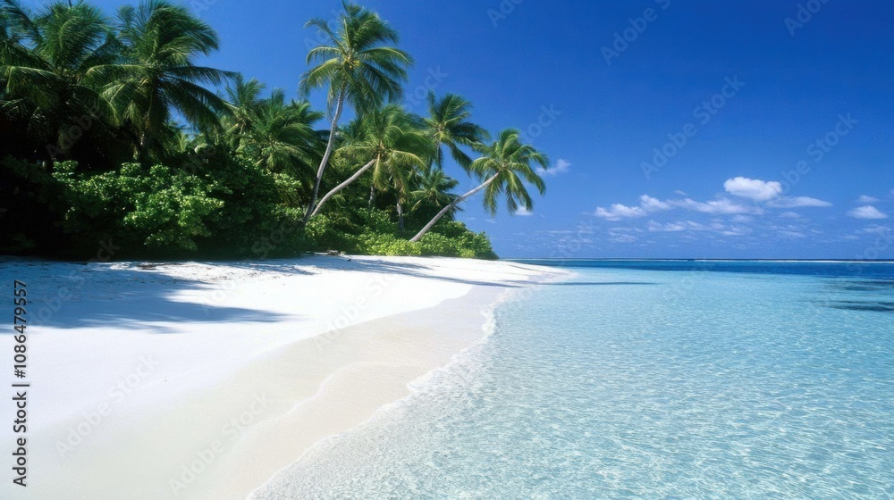 Tropical paradise beach with palm trees arching over white sand and crystal-clear water Tropical paradise beach with palm trees arching over white sand and crystal-clear water