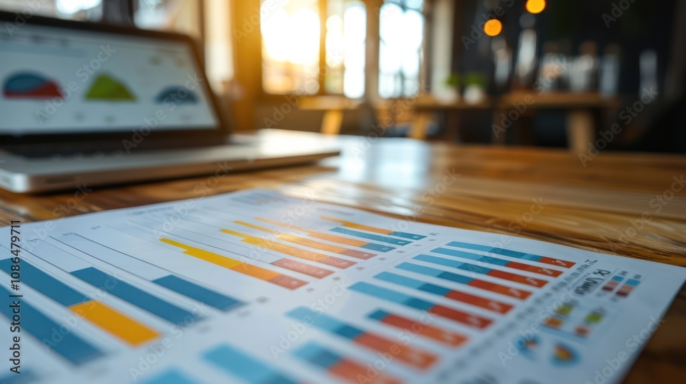 Close-up view of financial report with charts and graphs, showing economic forecast for the year, with blurred business office background Close-up view of financial report with charts and graphs, showing economic forecast for the year, with blurred business office background
