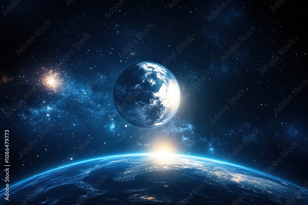 Fototapeta premium A stunning view of Earth from space, showing the planet against a backdrop of stars and a rising sun.