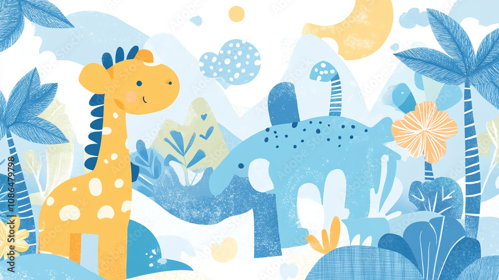 Obraz premium Playful animal illustration featuring giraffe and dinosaur in colorful landscape
